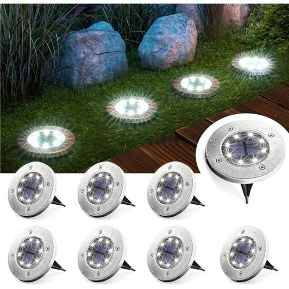 8 Pack Solar Ground Lights, 8 LED Solar Powered Disk Lights Outdoor - Picture 1 of 7